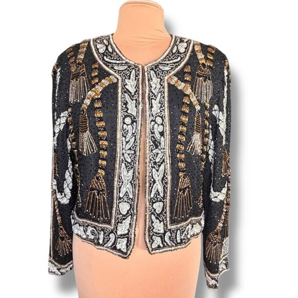 Vintage 80s Silk Beaded Metallic Sequin Jacket Black Gold Tassel Embellished XL - Picture 1 of 16